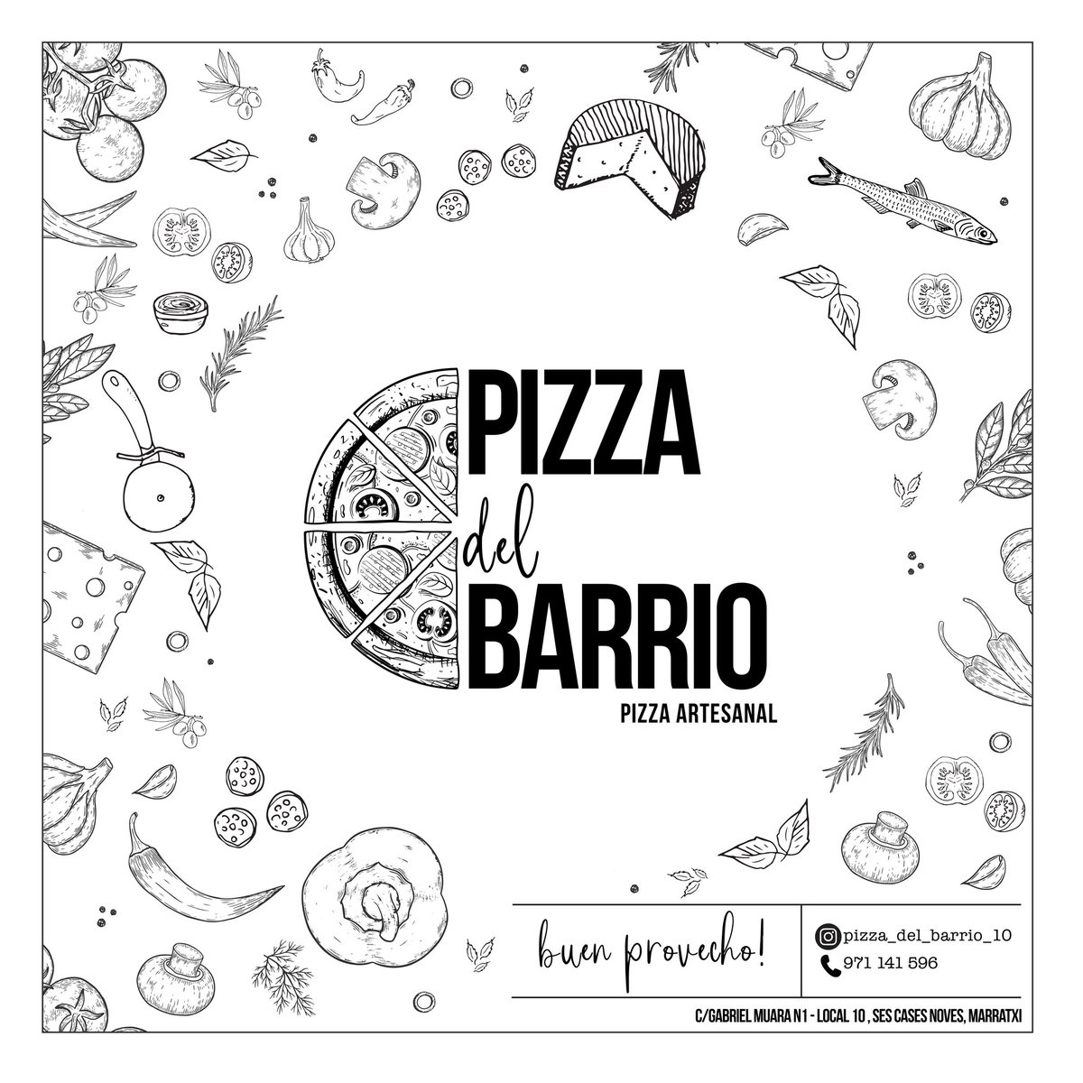 Pizza del Barrio pizza box artwork, illustrated logo with hand drawn ingredient wreath