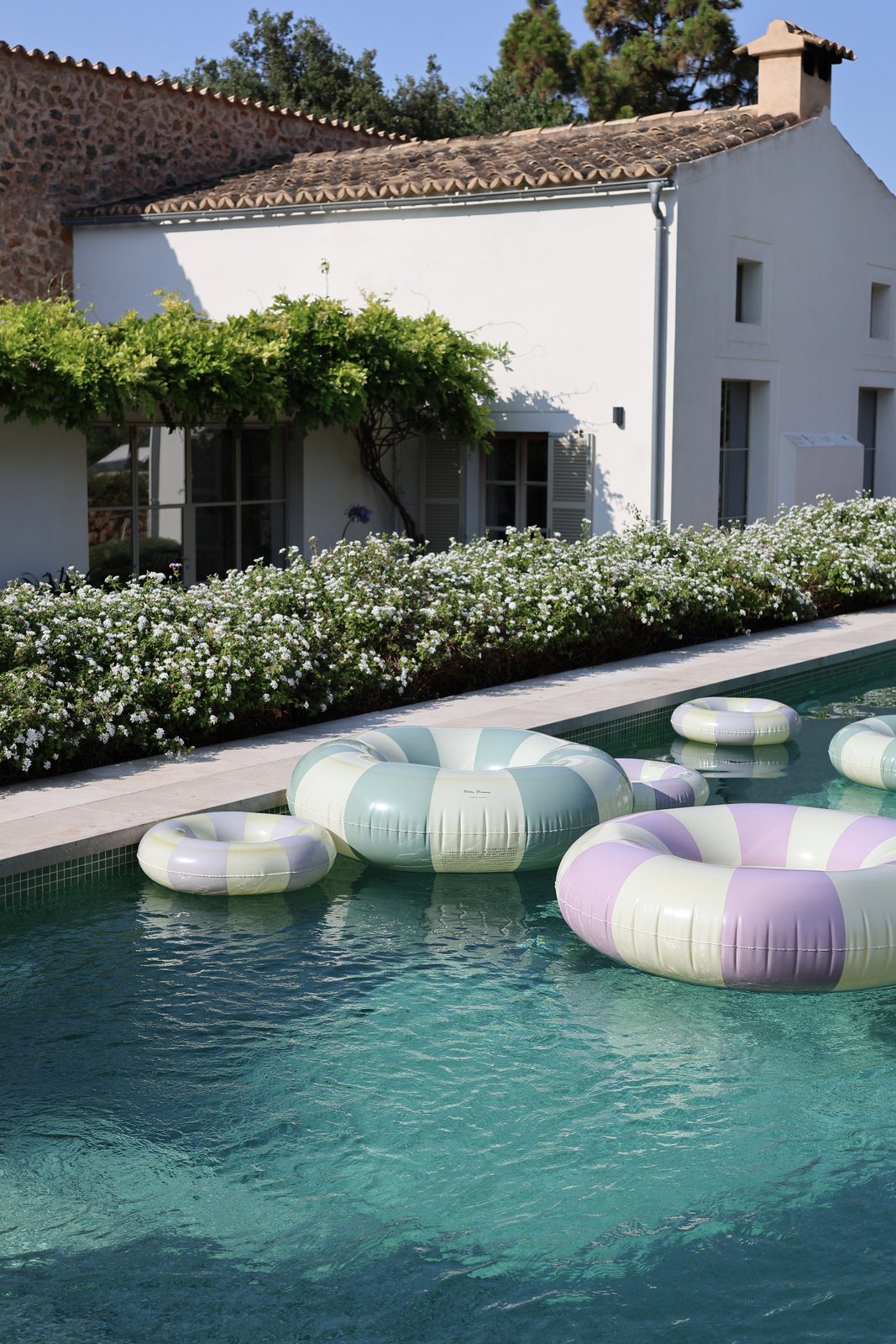 Villa pool with pastel swim rings drifting on turquoise water beside a wisteria-draped terrace